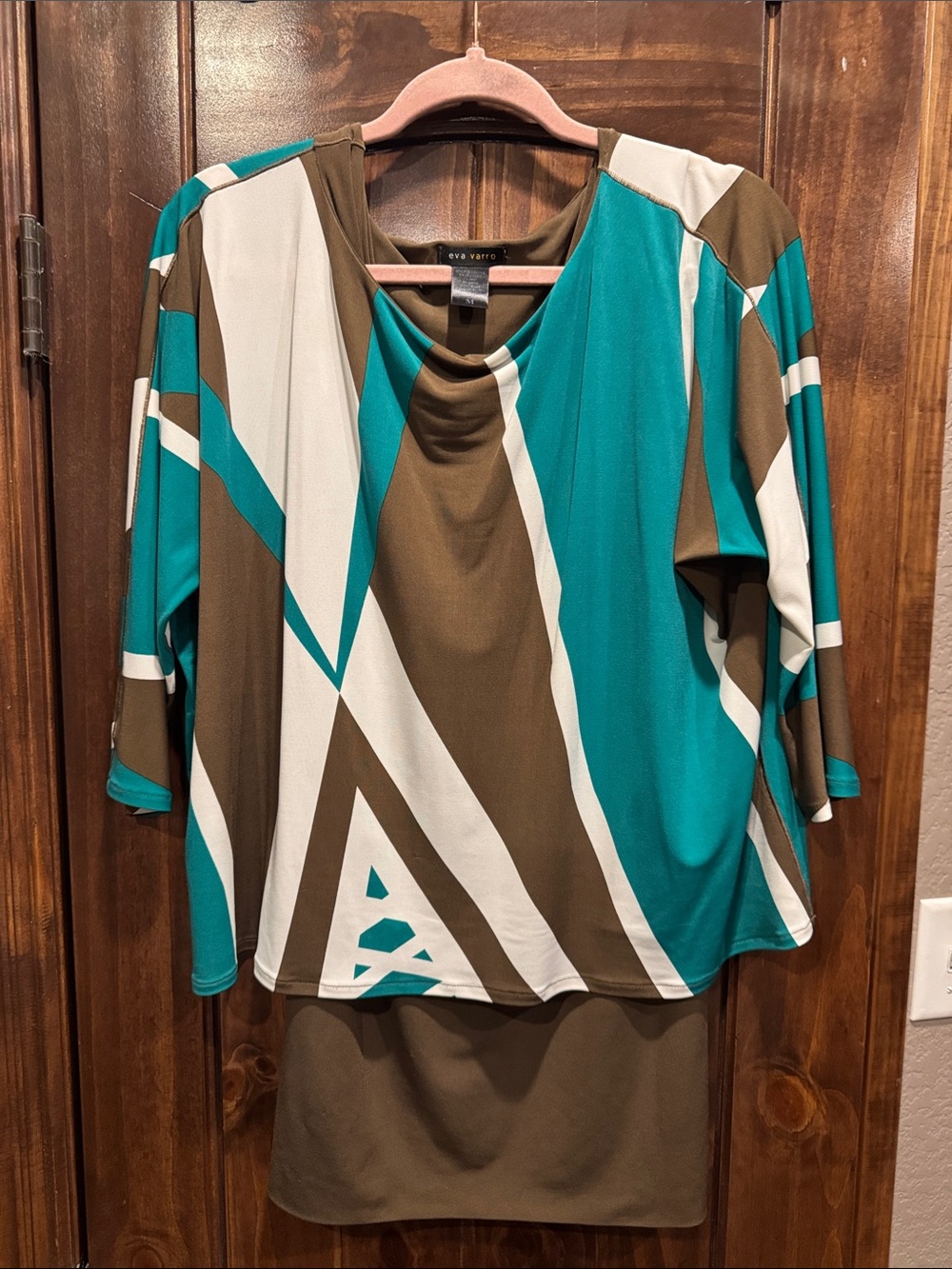 eva varro Teal, Brown & Cream Geometric Cowl Neck Tunic